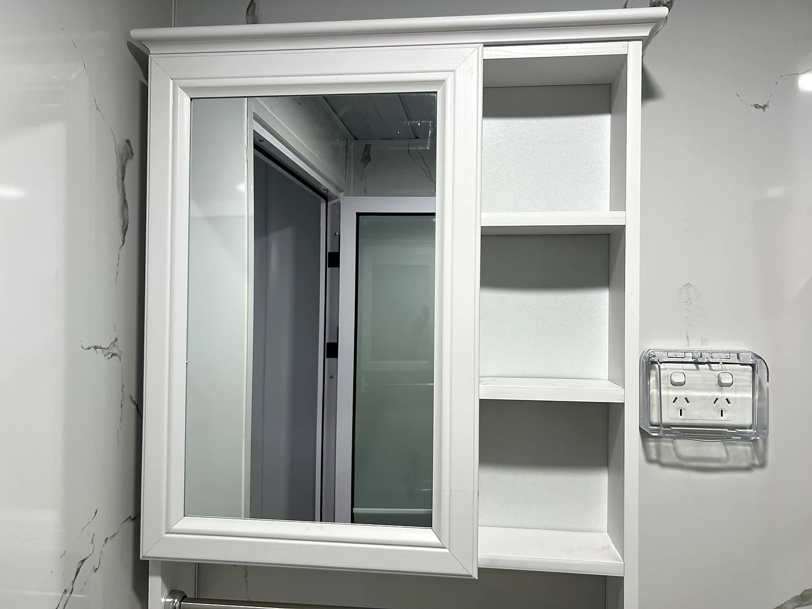 Bathroom mirror cabinet and shelving