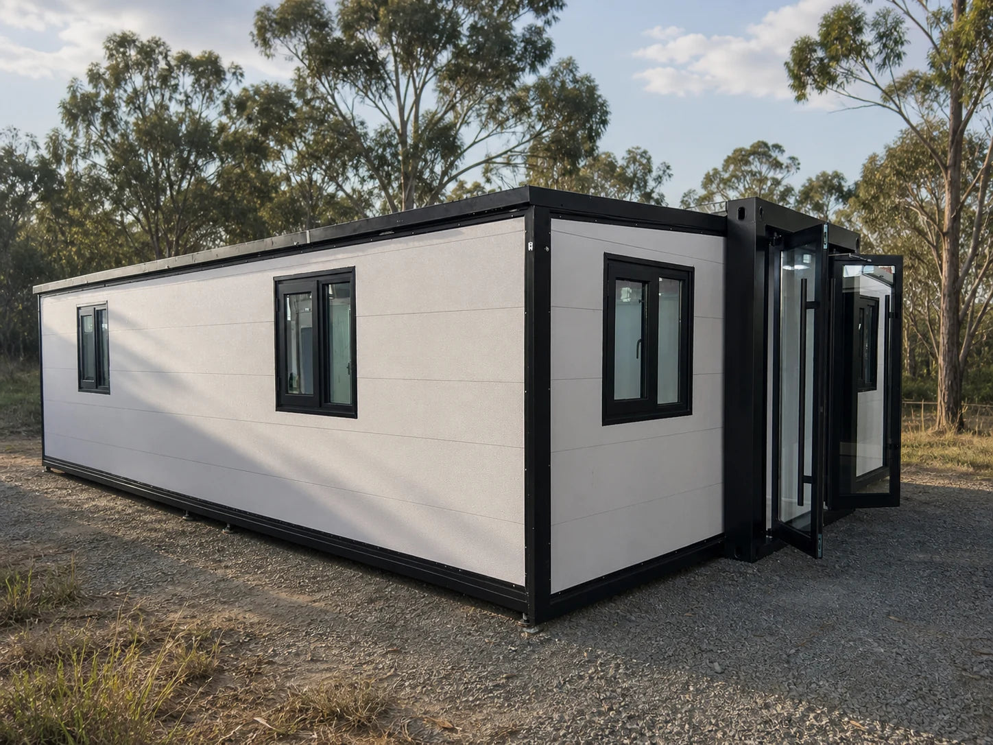 Black-trim modular home side elevation