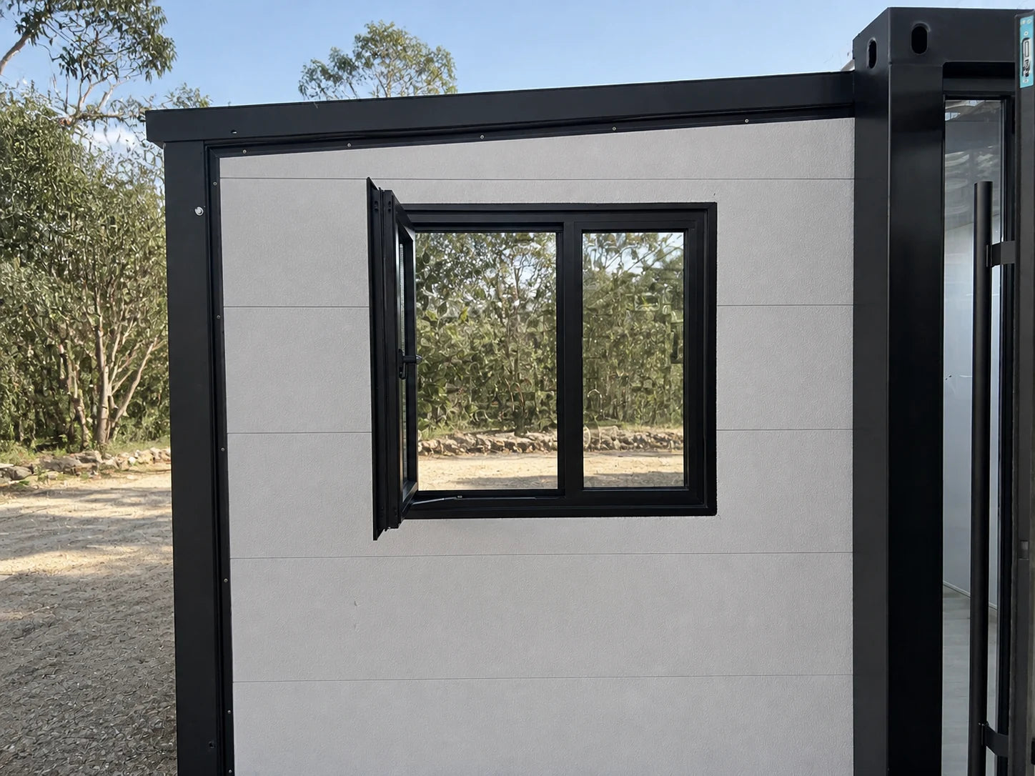 Black-framed interior window