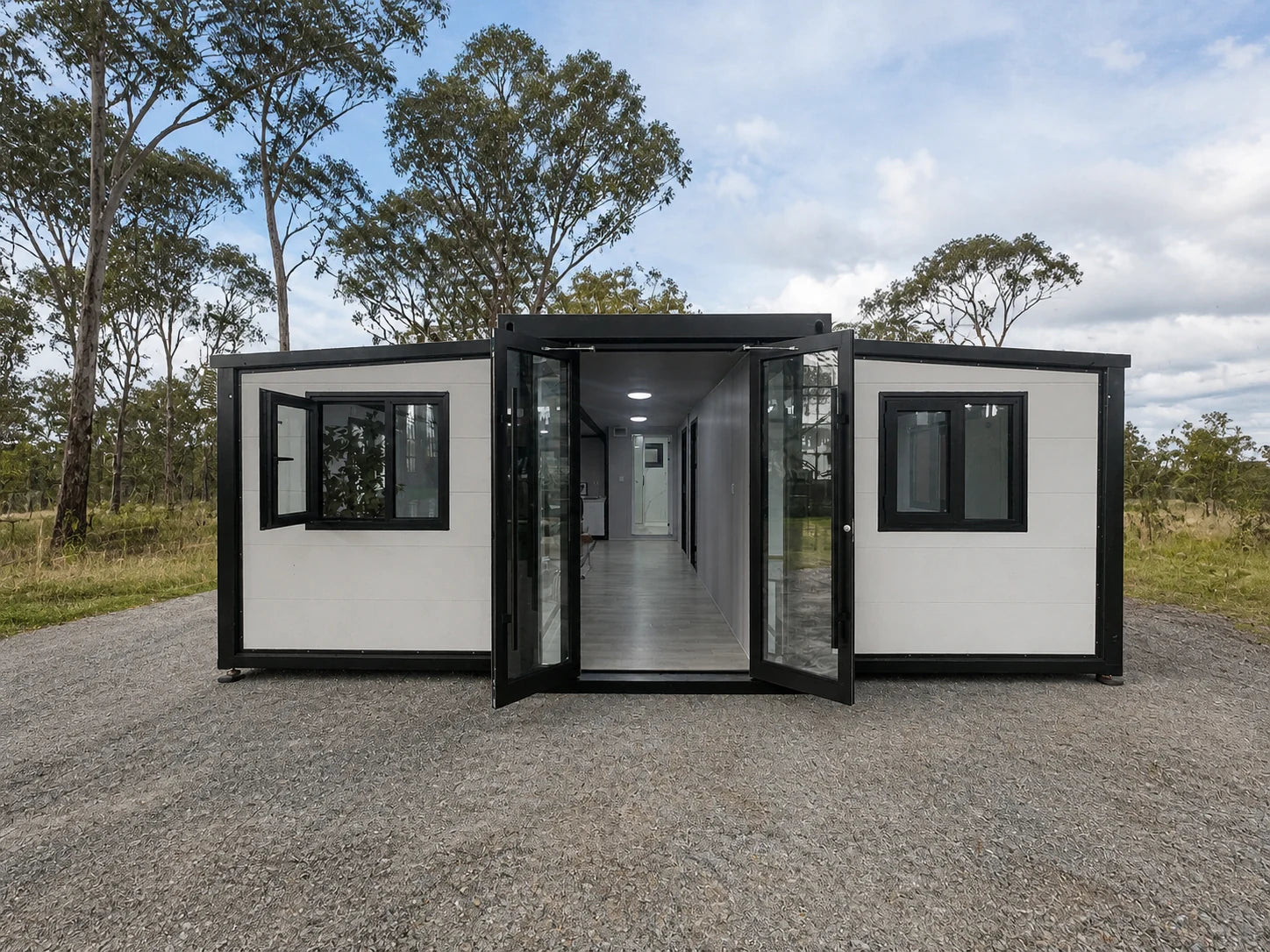 Modular home front view in the factory