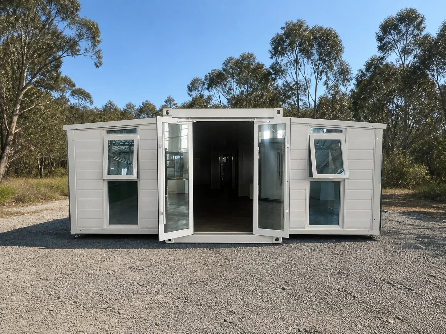 White modular home front elevation