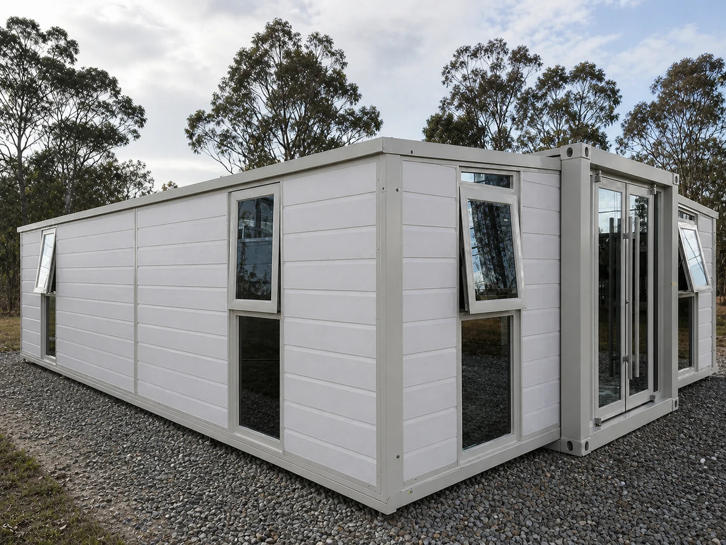 White modular home corner exterior
