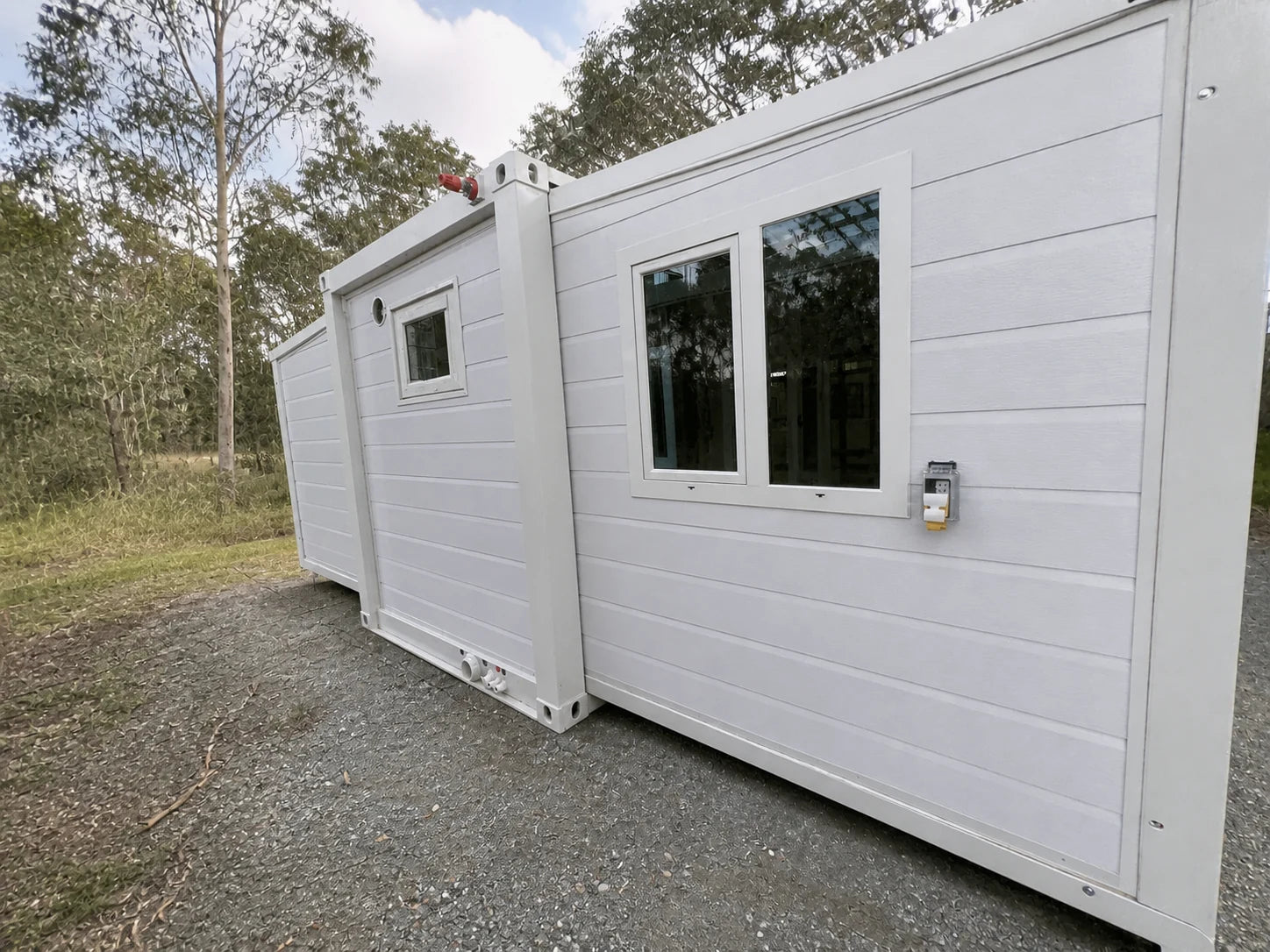 White modular home side exterior
