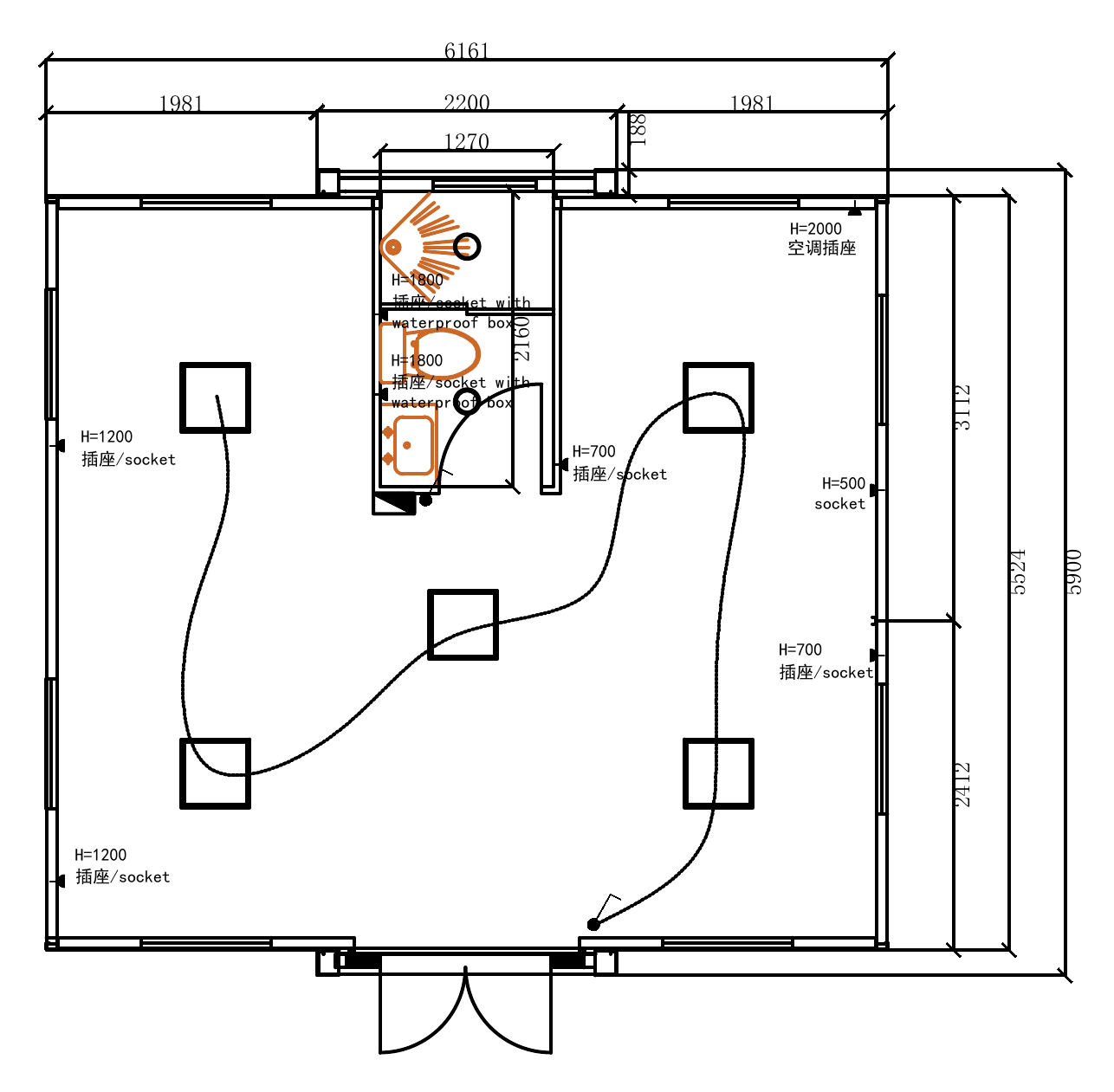 Layout 02 · Bathroom shell technical plan